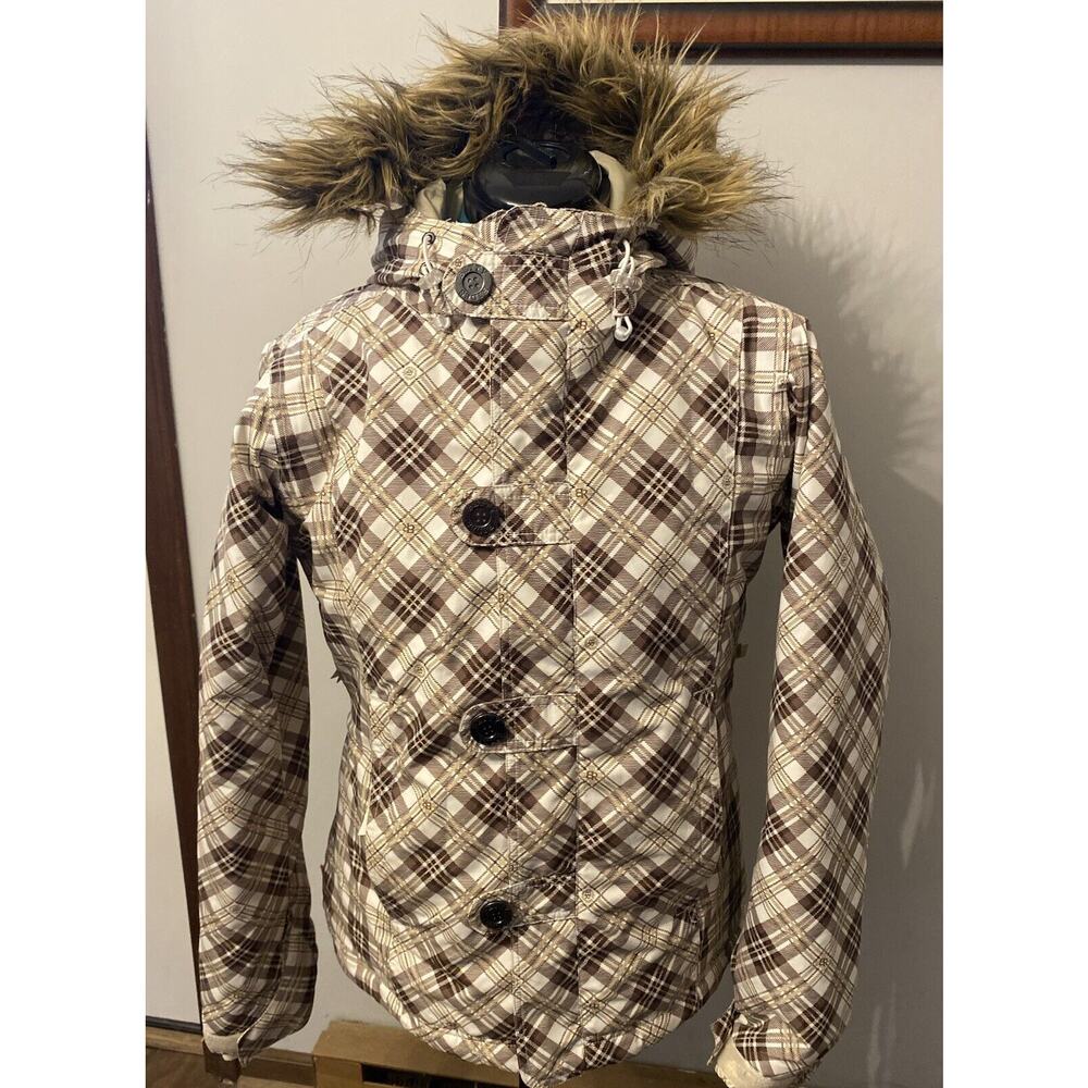 BETTY RIDES Zip & Snap Up Brown And White Plaid Quilted Parka Jacket Womens M